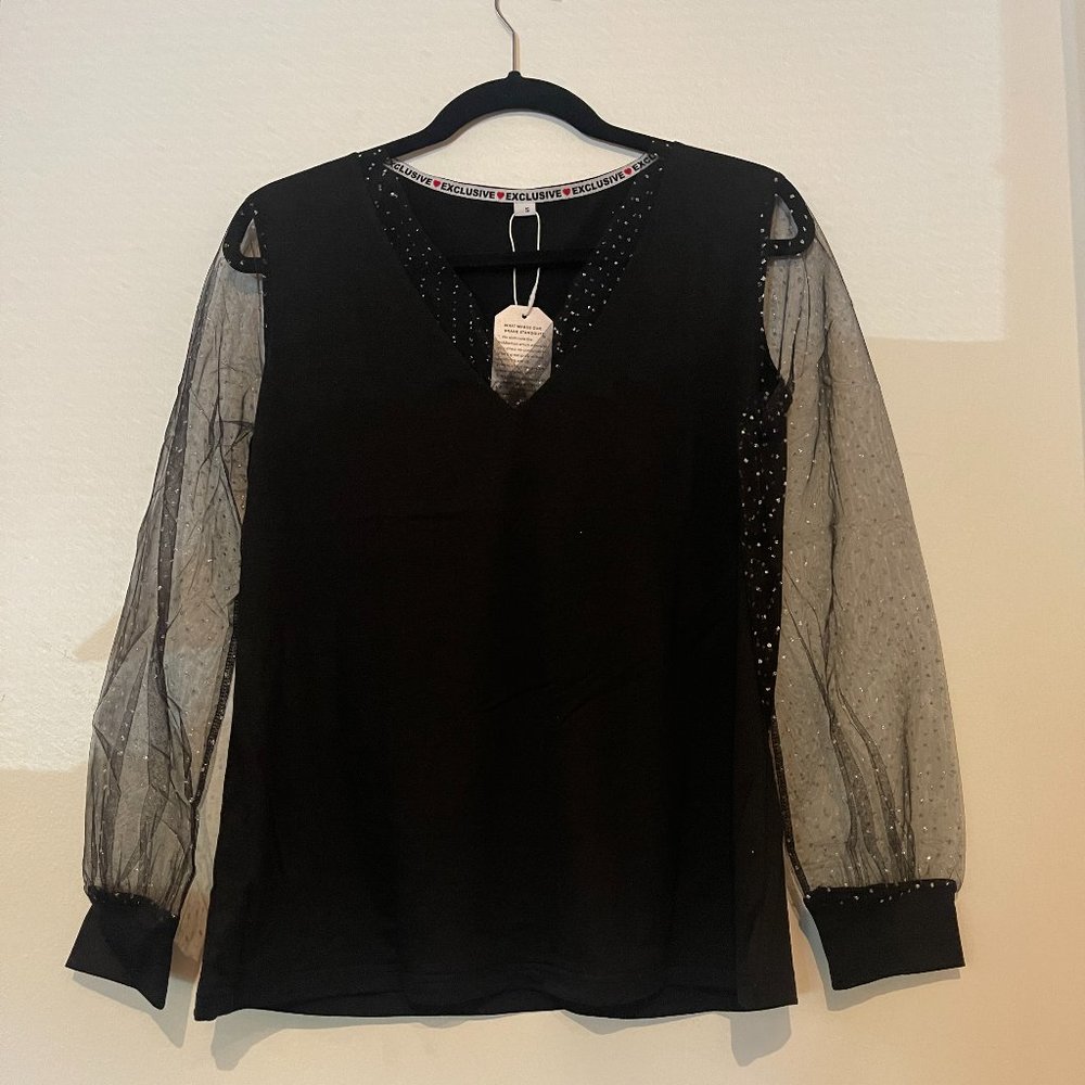 Long Sleeve Black V-Neck Shirt with Sheer Sleeves